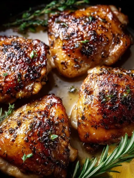 Maple Dijon Roasted Chicken Thighs garnished with fresh herbs