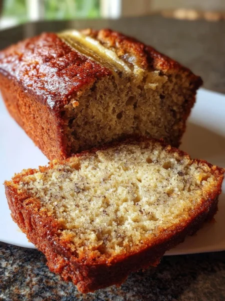 Slice of moist and fluffy banana bread on a wooden table