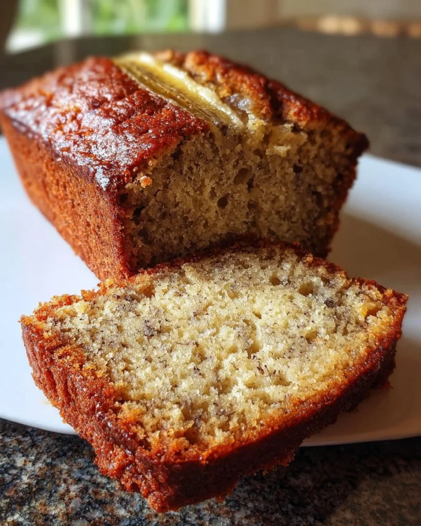 Slice of moist and fluffy banana bread on a wooden table