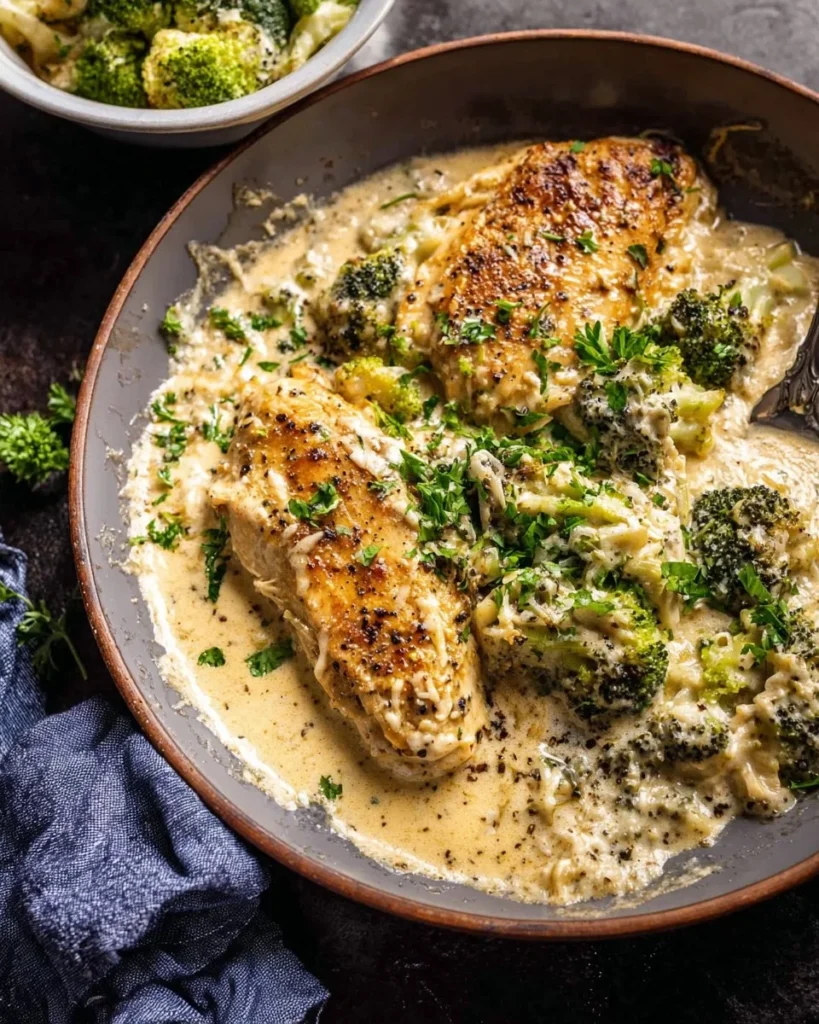 One pan creamy parmesan ranch chicken dish garnished with herbs
