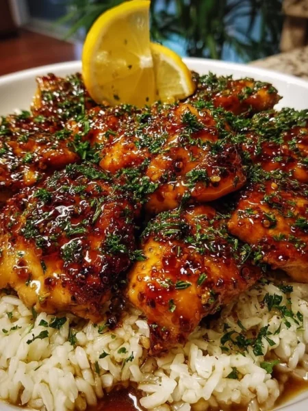 One-Pan Honey Butter Garlic Chicken served with rice in a skillet
