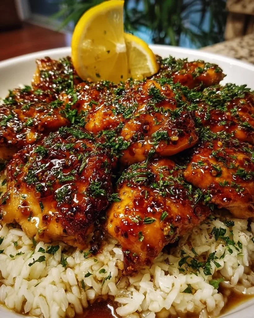 One-Pan Honey Butter Garlic Chicken served with rice in a skillet
