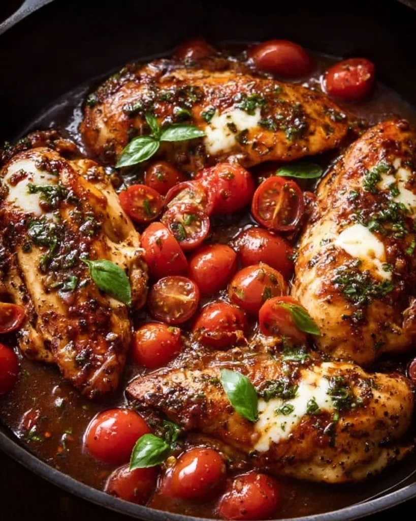 One-Pan Juicy Chicken garnished with herbs and served with balsamic sauce