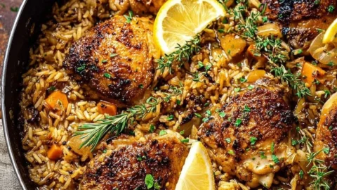 One Pot Lemon Rosemary Chicken served with Butter Toasted Rice Pilaf