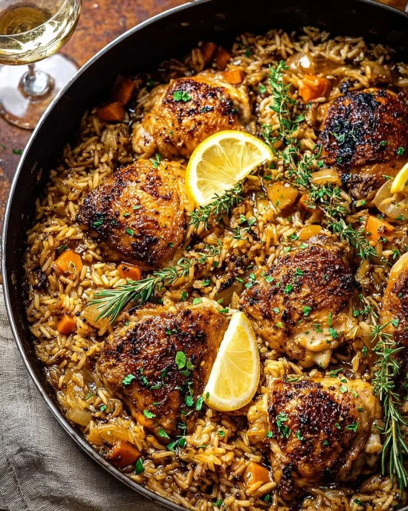 One Pot Lemon Rosemary Chicken served with Butter Toasted Rice Pilaf