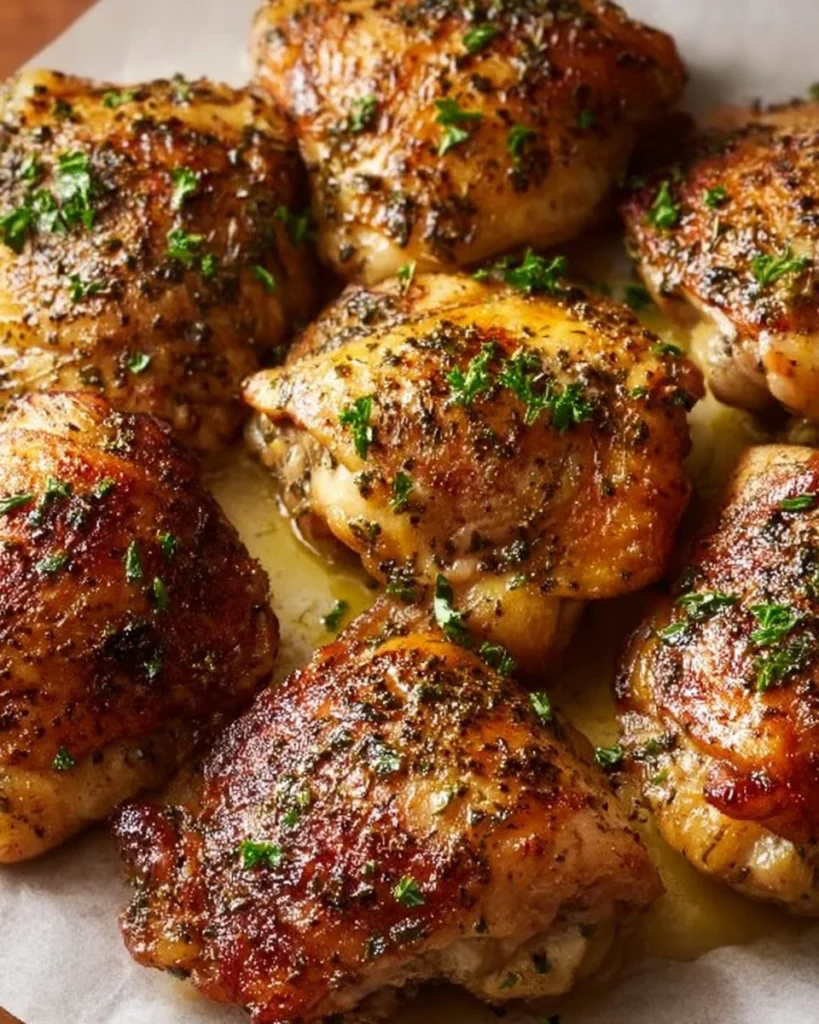 Delicious oven baked chicken thighs served with herbs and spices