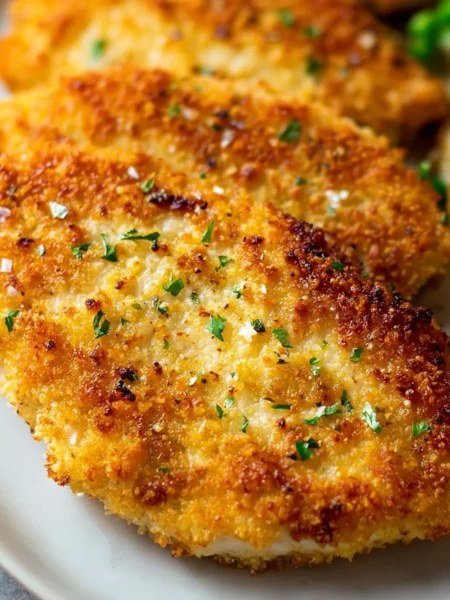 Delicious Parmesan Crusted Chicken served with a side of vegetables