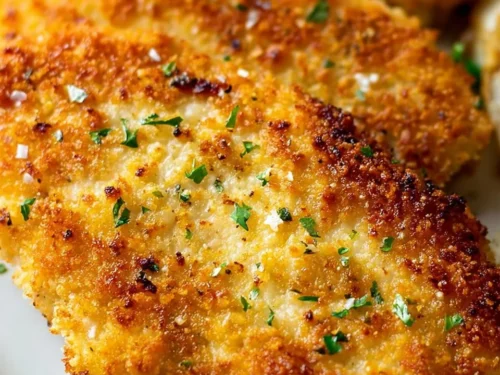 Delicious Parmesan Crusted Chicken served with a side of vegetables