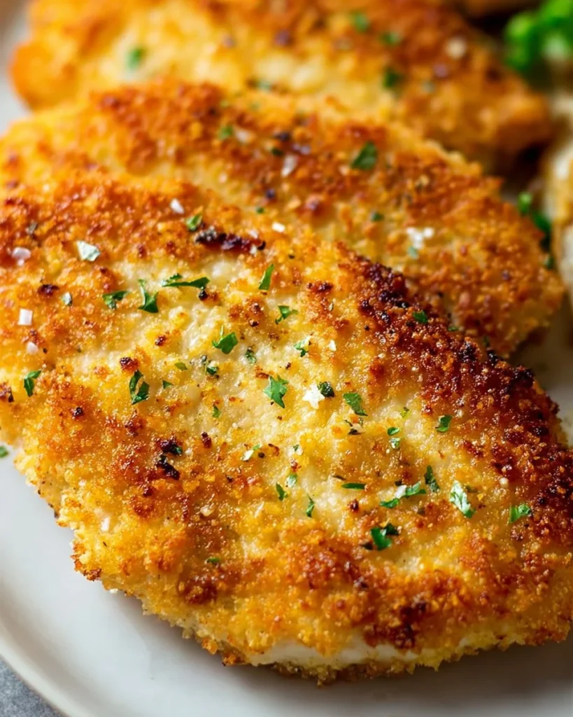 Delicious Parmesan Crusted Chicken served with a side of vegetables