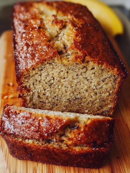 Perfect moist banana bread loaf with sliced pieces on a wooden table