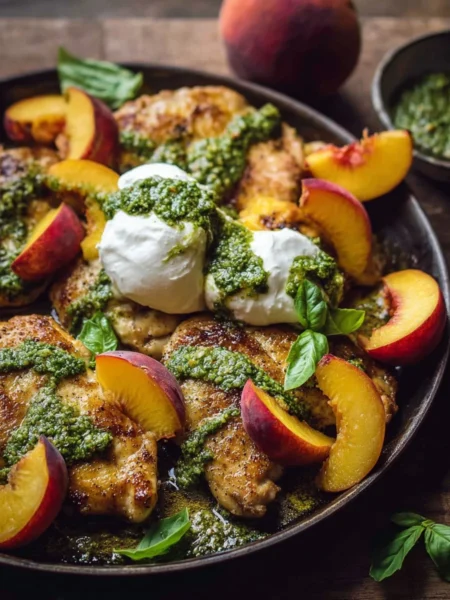 Pesto Peach Chicken in White Wine with Burrata on a plate garnished with herbs.