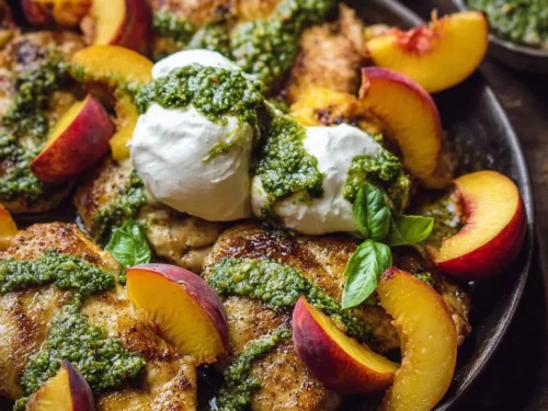 Pesto Peach Chicken in White Wine with Burrata on a plate garnished with herbs.