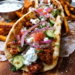 Quick sheet pan chicken gyros with feta tzatziki served on a plate.