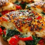 Roasted red pepper, spinach, and mozzarella stuffed chicken on a plate