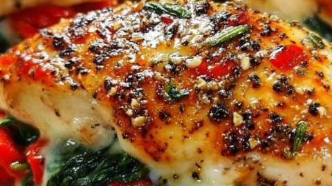 Roasted red pepper, spinach, and mozzarella stuffed chicken on a plate