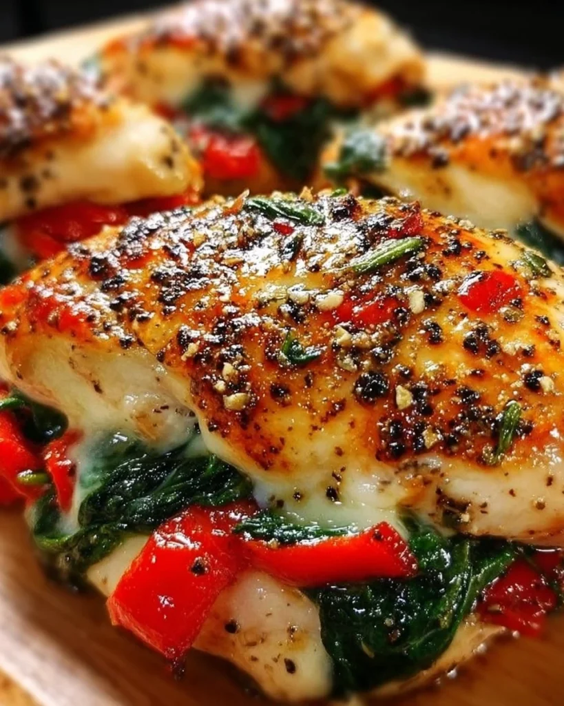 Roasted red pepper, spinach, and mozzarella stuffed chicken on a plate