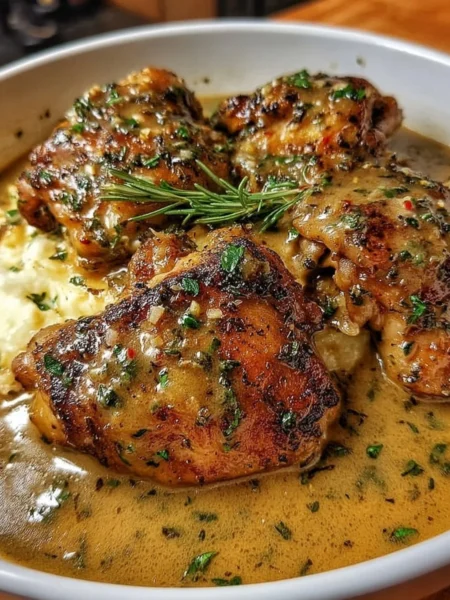 Savory smothered chicken thighs served with gravy for a comforting meal