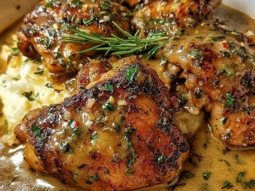Savory smothered chicken thighs served with gravy for a comforting meal