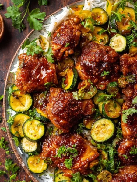 Sheet pan hot honey garlic chicken and zucchini dish ready to serve
