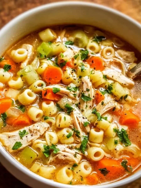 A bowl of Sicilian chicken pasta soup garnished with herbs and vegetables