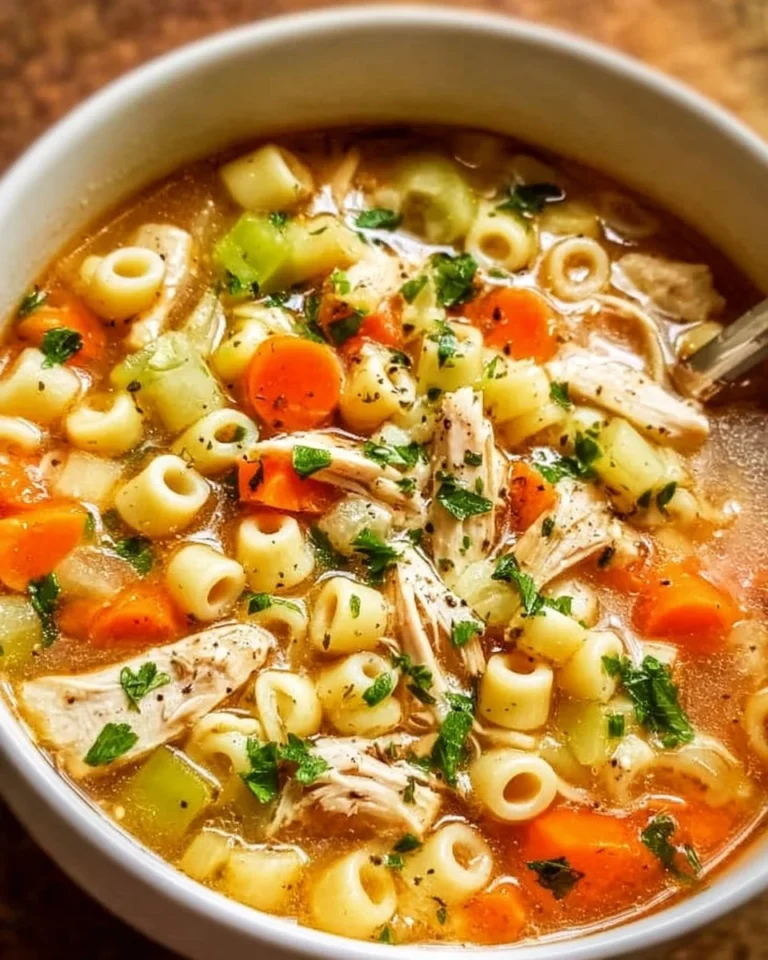 A bowl of Sicilian chicken pasta soup garnished with herbs and vegetables