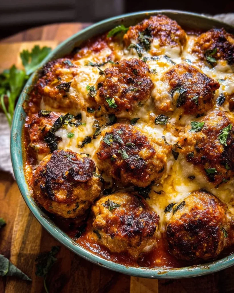 Baked cheesy Italian chicken meatballs garnished with herbs