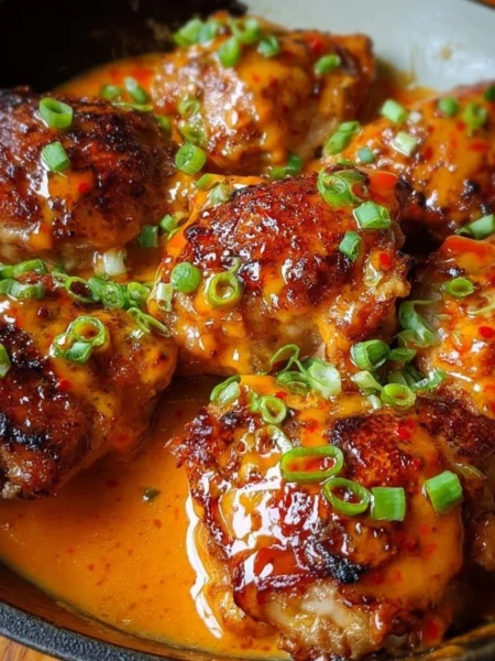 Skillet Bang Bang Chicken Thighs served on a plate with garnishes