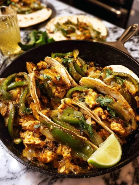 Skillet creamy green chile chicken fajitas with fresh vegetables and toppings