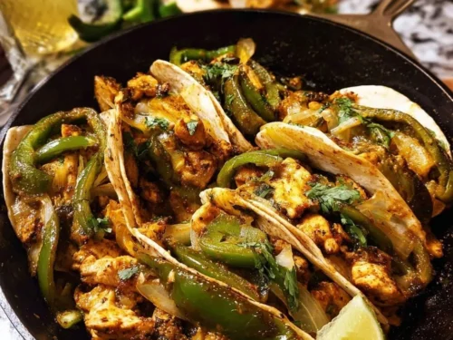 Skillet creamy green chile chicken fajitas with fresh vegetables and toppings
