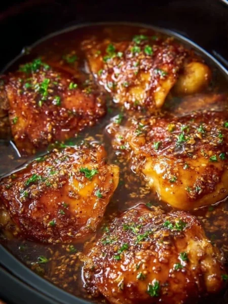 Slow cooker brown sugar garlic chicken served with rice and vegetables