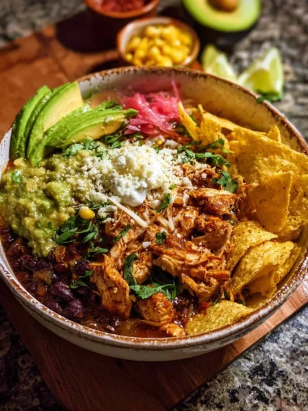 Delicious Slow Cooker Green Salsa Chicken Tortilla Bowl topped with fresh ingredients