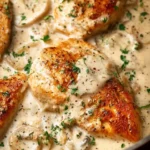 Baked sour cream and onion chicken garnished with herbs