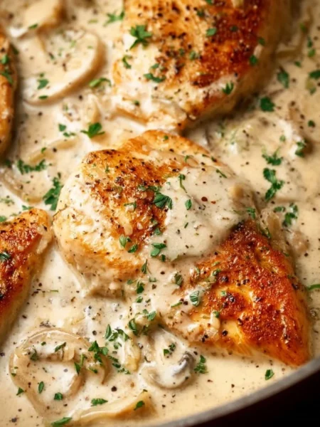 Baked sour cream and onion chicken garnished with herbs