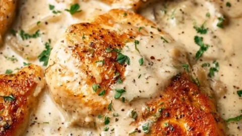 Baked sour cream and onion chicken garnished with herbs