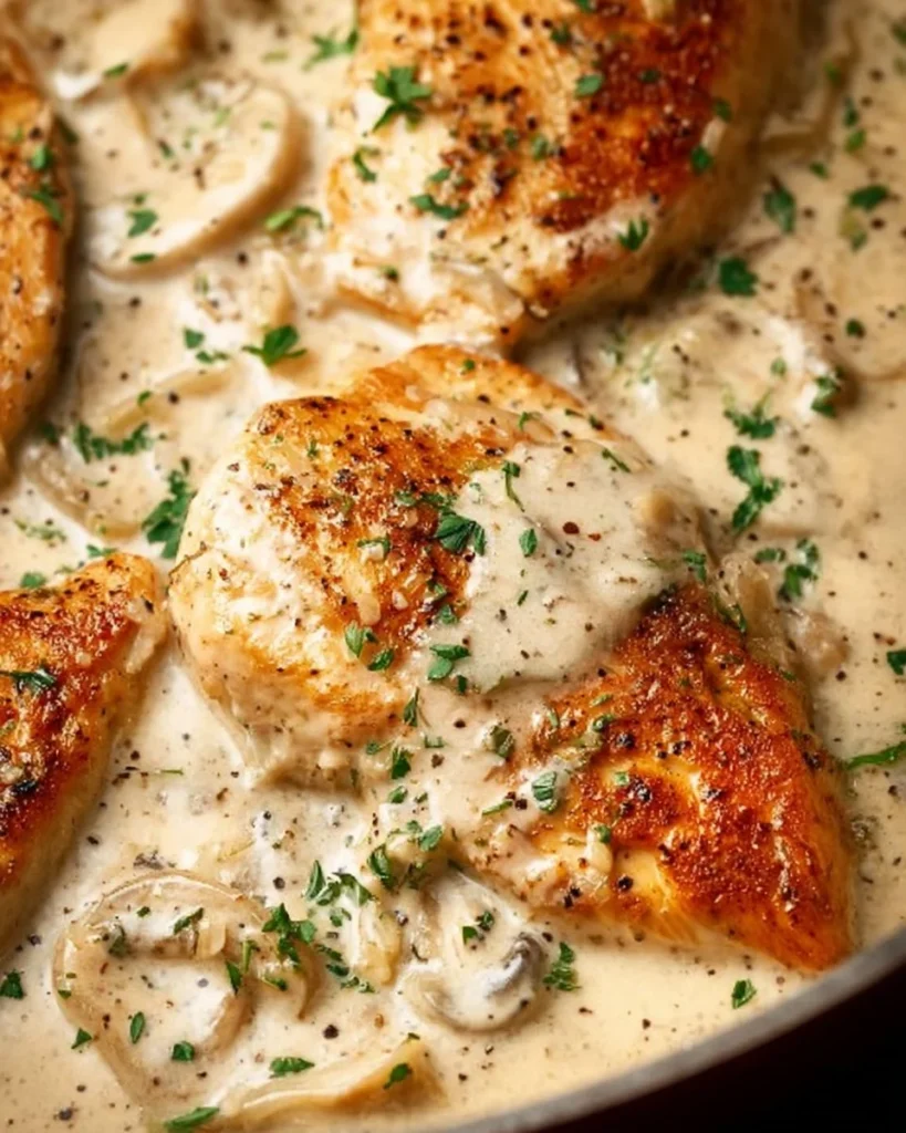 Baked sour cream and onion chicken garnished with herbs