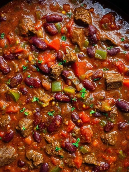 Bowl of spicy steak chili with garnishes and herbs