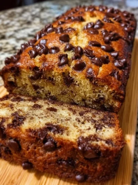 Sliced super moist chocolate chip banana bread on a wooden cutting board