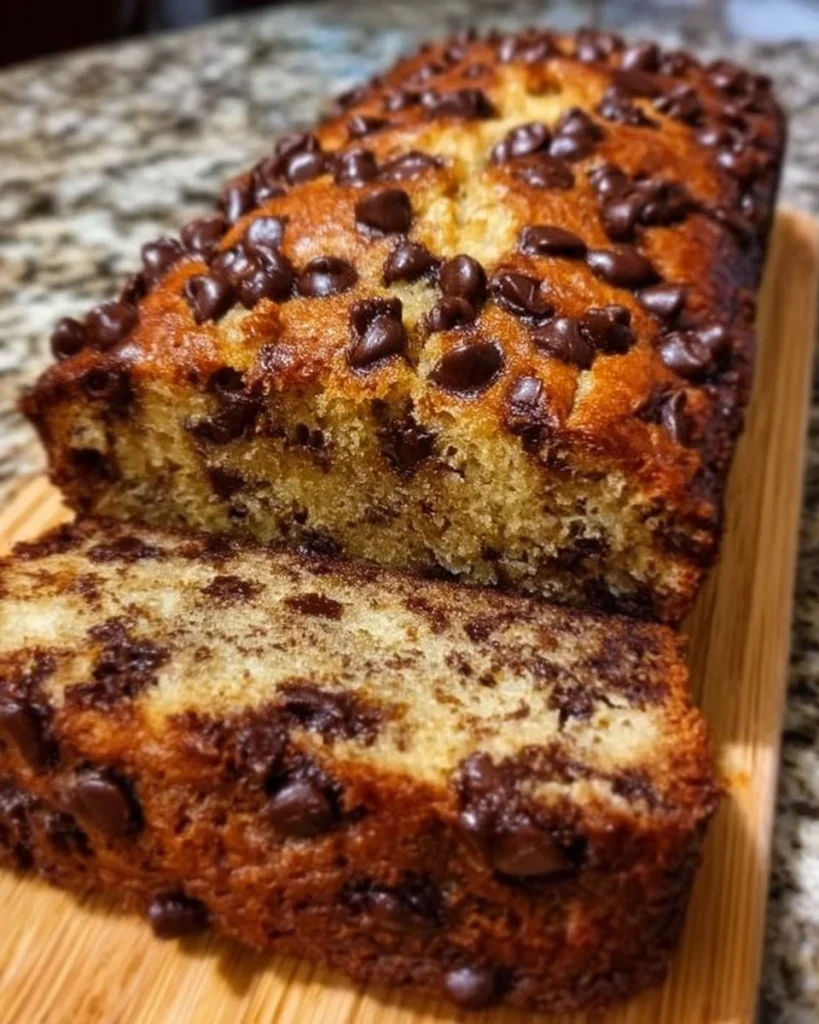 Sliced super moist chocolate chip banana bread on a wooden cutting board