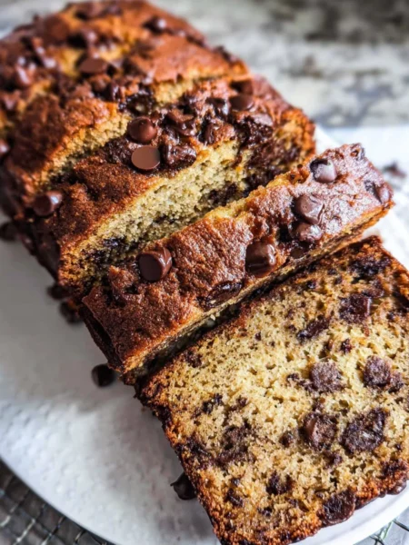 Super moist chocolate chip banana bread with melted chocolate chips