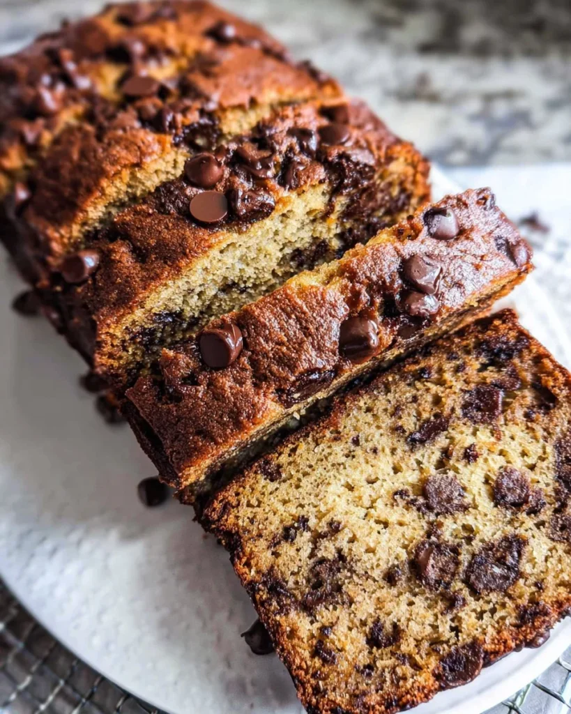 Super moist chocolate chip banana bread with melted chocolate chips
