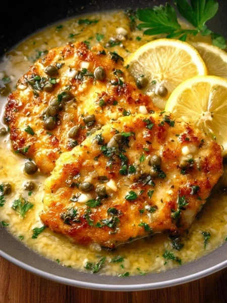 Delicious chicken piccata served with lemon sauce on a plate