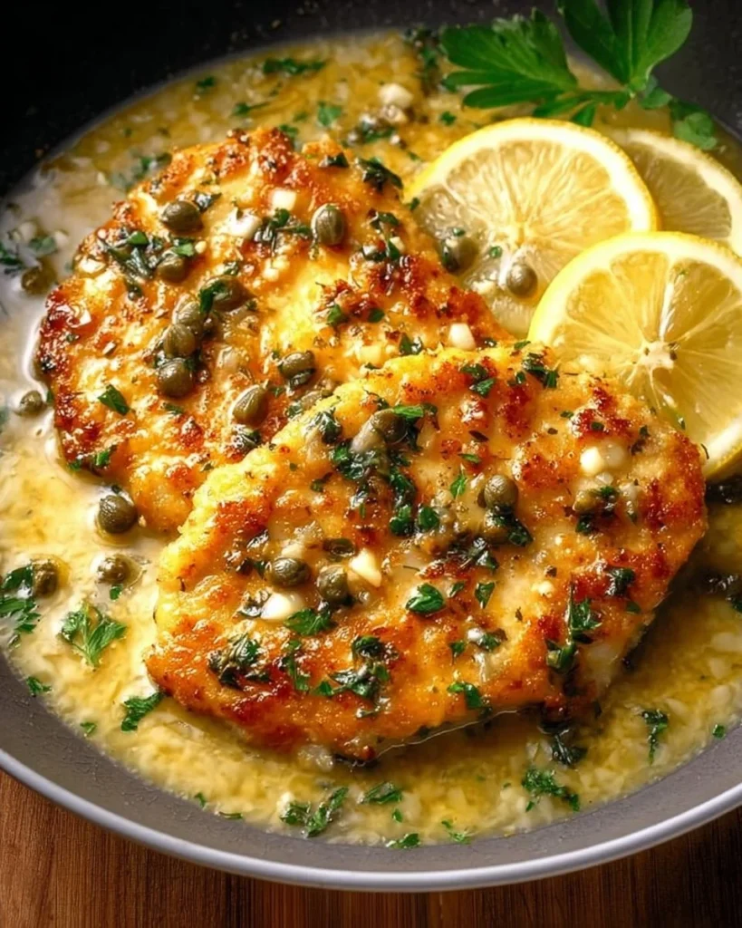 Delicious chicken piccata served with lemon sauce on a plate