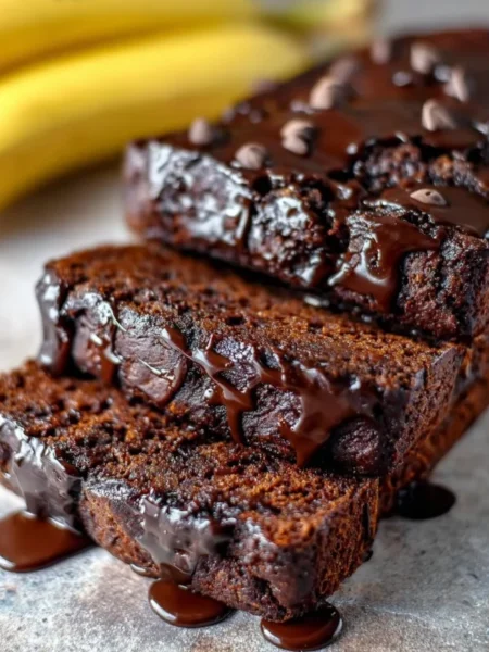 Slice of triple chocolate banana bread on a plate with chocolate chips.