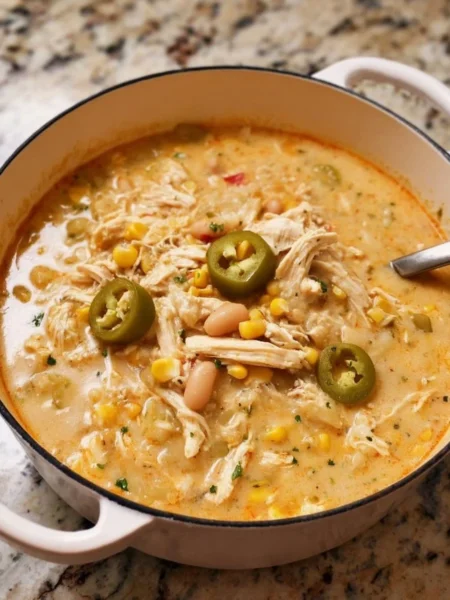 Bowl of creamy white chicken chili garnished with cilantro and lime.
