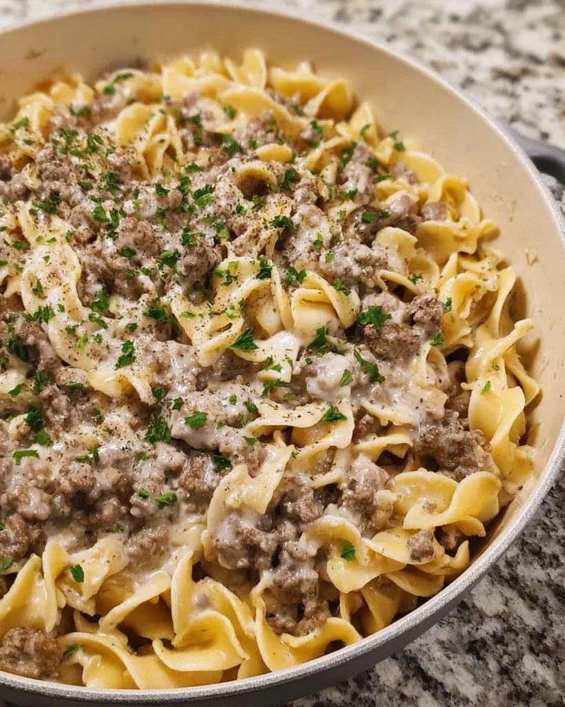 Delicious 30-minute ground beef stroganoff served with egg noodles