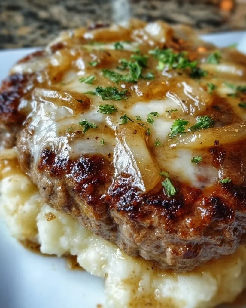 Amish Hamburger Steak Bake served with savory gravy and sides.
