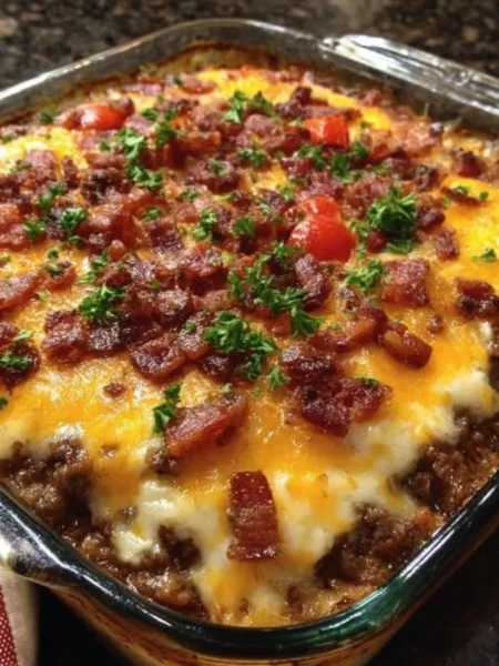 Bacon cheeseburger casserole topped with melted cheese and crispy bacon