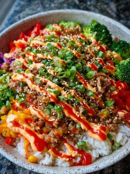 Delicious Bang Bang Ground Turkey Rice Bowl with vibrant ingredients