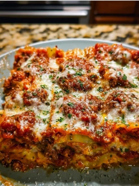 Delicious homemade lasagna with layers of cheese, pasta, and rich meat sauce.