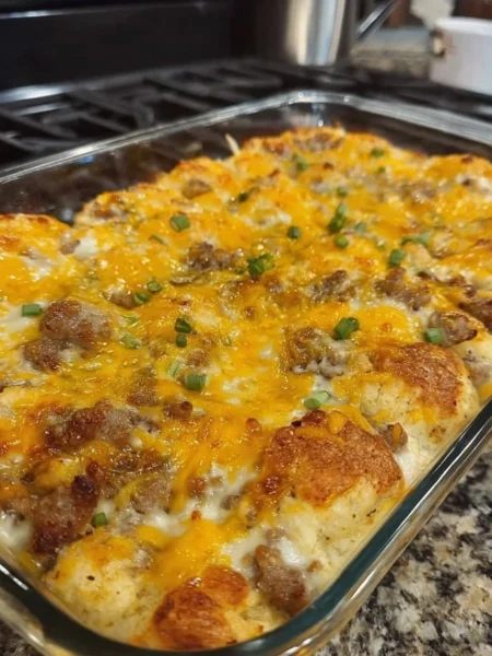 Biscuits and Gravy Breakfast Casserole topped with sausage and cheese